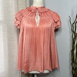 Ulla Johnson Liv Satin Tiered Sleeve Top Ruffle Tuberose Pink Women's Size 6